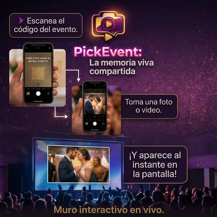 PickEvent — la memoria viva compartida: escanea el QR del evento y tus fotos aparecen al instante en la pantalla